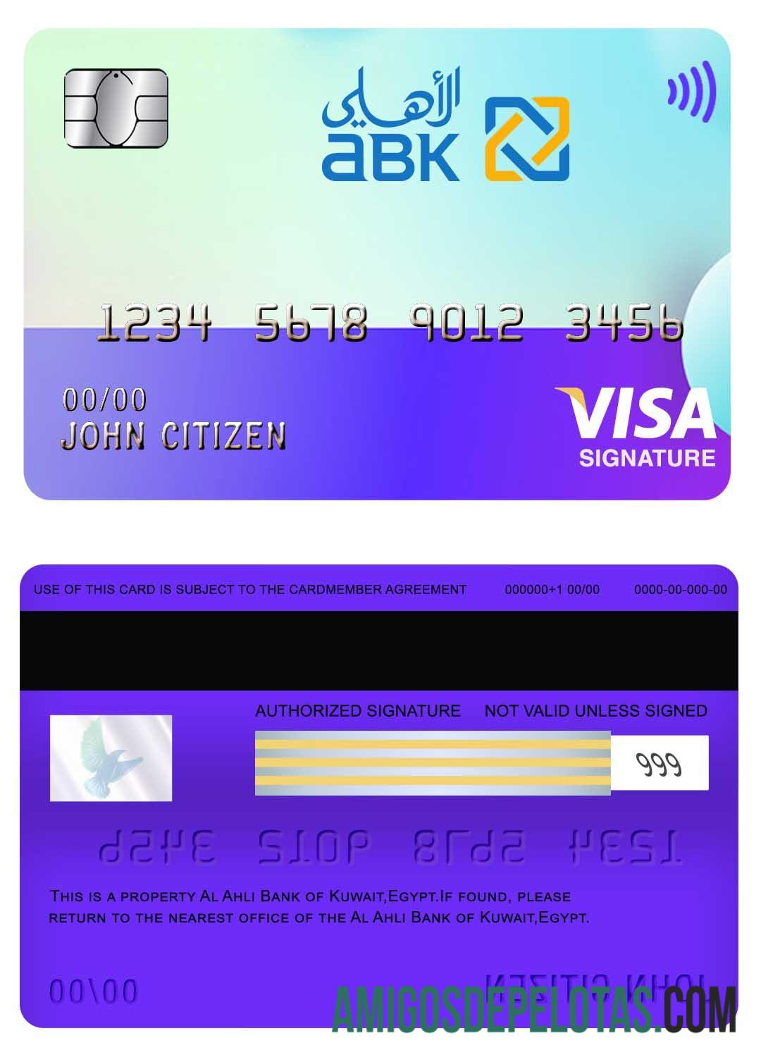 Cartão de assinatura Visa do Egito Al Ahli Bank Of Kuwait modelo